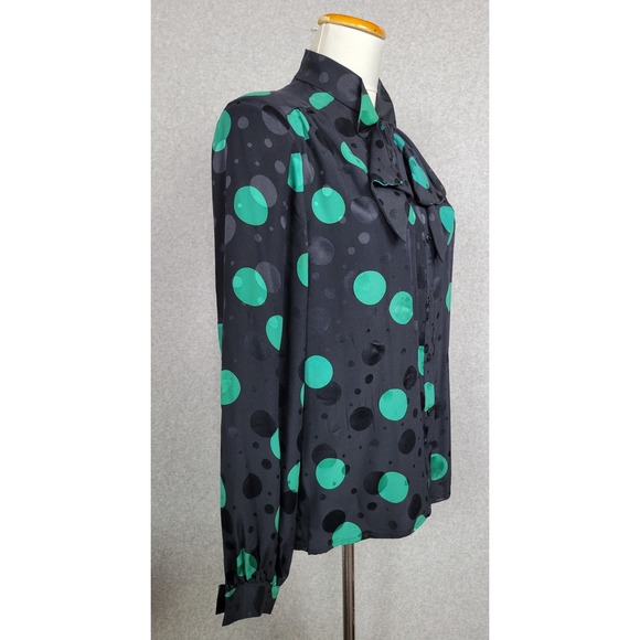 Chapnik Vintage 100% Silk Polka Dot Bow Blouse Black Green Size 10 - Picture 3 of 11